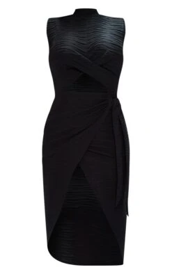 Black Textured High Neck Cross Waist Wrap Midi Dress -Cheap Dress Store 9dedc48c339ebcdf2dc0db63d4ad6edddf074db7 cnb7301 5