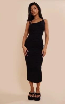 Black Textured Double Strap Midaxi Dress
