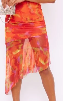 Orange Abstract Print Asymmetric Frill Hem Bandeau Midaxi Dress