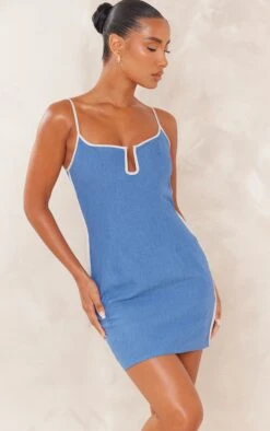Blue Linen Look V Bar Contrast Seam Strappy Bodycon Dress