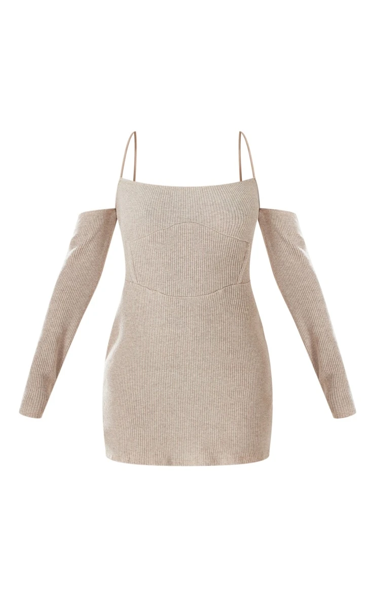 Oatmeal Ribbed Bardot Waist Detail Bodycon Dress 7 Oatmeal Ribbed Bardot Waist Detail Bodycon Dress - Image 5