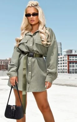 Khaki Cargo Oversized Popper Front Shirt Dress