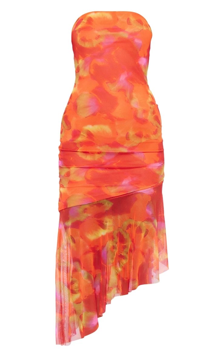 Orange Abstract Print Asymmetric Frill Hem Bandeau Midaxi Dress 5 Orange Abstract Print Asymmetric Frill Hem Bandeau Midaxi Dress - Image 3