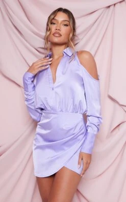 Lilac Cold Shoulder Satin Wrap Shirt Dress -Cheap Dress Store a589e753c5ef439ac748f1a20a5a73a10e2b4cdc cnd2340 3