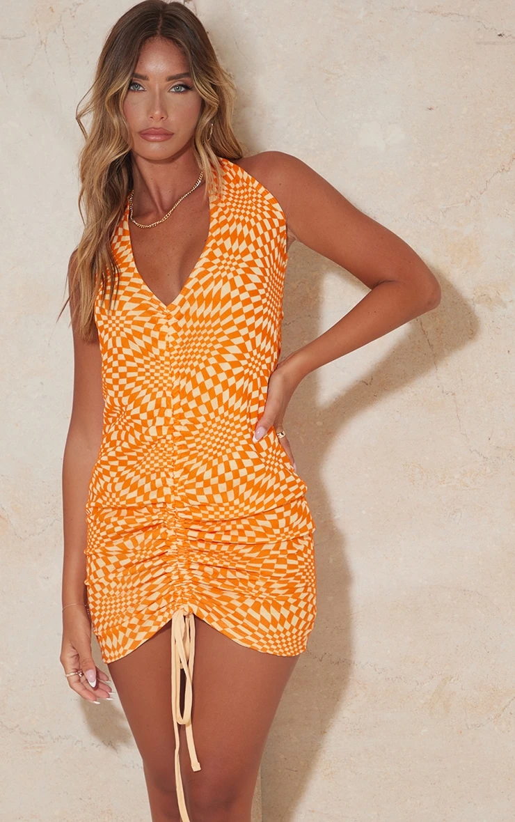 Orange Devore Mesh Ruched Cut Out Halterneck Bodycon Dress 3 Orange Devore Mesh Ruched Cut Out Halterneck Bodycon Dress