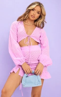 Lilac Ditsy Embroidered Ruched Skirt Bodycon Dress