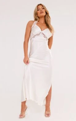 Champagne Satin V Neck Lace Detail Front Split Maxi Dress