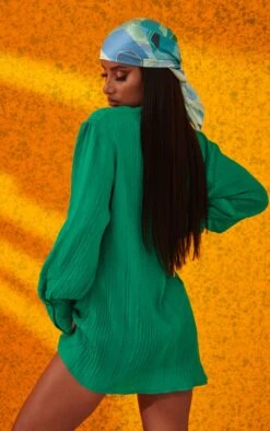 Green Textured Gathered Detail Long Sleeve Shirt Dress -Cheap Dress Store a863e8f759c08f96b6c4a01f3bcca13297a15074 cms6968 3