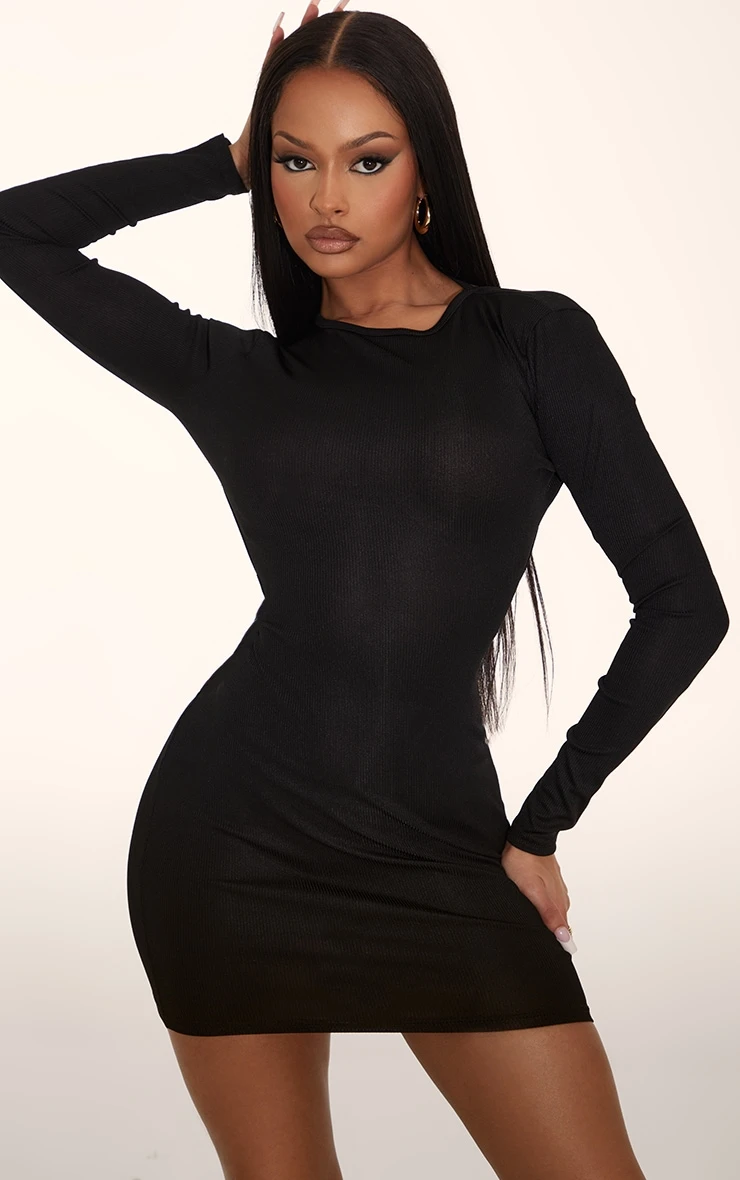 Black Rib Backless Long Sleeve Bodycon Dress 4 Black Rib Backless Long Sleeve Bodycon Dress - Image 2
