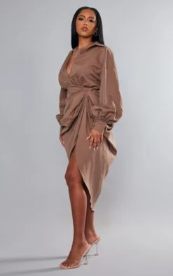 Taupe Balloon Sleeve Gathered Skirt Midi Shirt Dress -Cheap Dress Store a97727d5903156c3b8a2b4132d23aa101887483f cnd0601 3