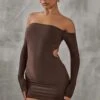 Chocolate Slinky Bardot Side Cut Out Bodycon Dress