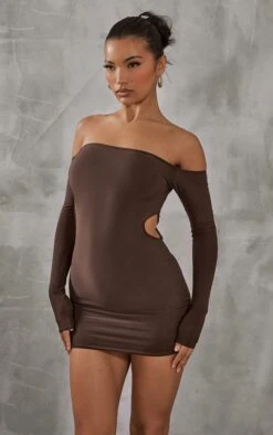 Chocolate Slinky Bardot Side Cut Out Bodycon Dress
