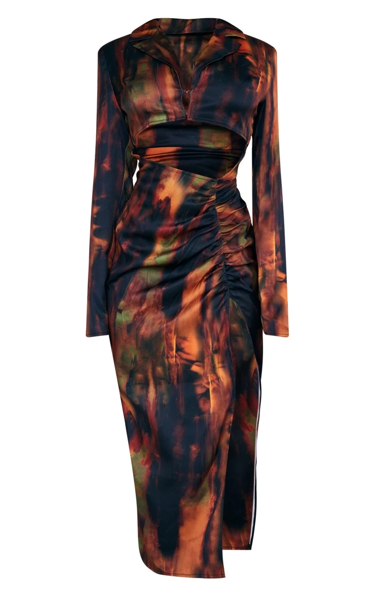 Multi Grunge Print Woven Satin Cut Out Midaxi Shirt Dress 7 Multi Grunge Print Woven Satin Cut Out Midaxi Shirt Dress - Image 5