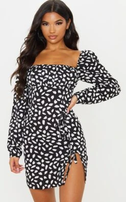Black Dalmatian Print Bow Detail Side Split Bodycon Dress