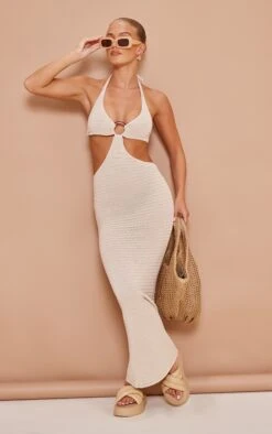 Cream Ring Detail Knitted Maxi Dress