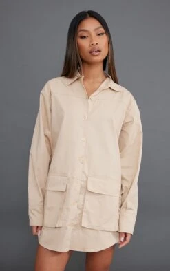 Sand Cargo Pocket Long Sleeve Shirt Dress