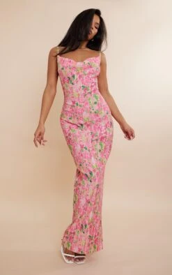 Pink Abstract Floral Printed Plisse Strappy Maxi Dress