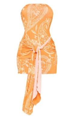 Orange Paisley Slinky Wrap Drape Bandeau Bodycon Dress -Cheap Dress Store af954eab1e760bd6ede037a890d1b6bcad21e461 cne6553 5