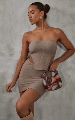 Mocha Textured Bandeau Stirrup Hem Bodycon Dress