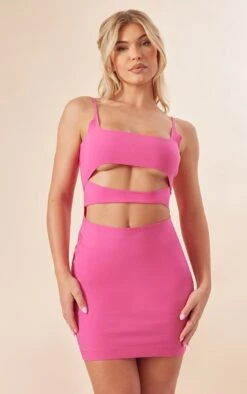 Pink Stretch Woven Strappy Cut Out Bodycon Dress