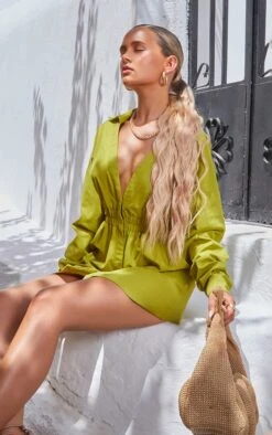 Olive Oversized Ruched Waist Shirt Dress