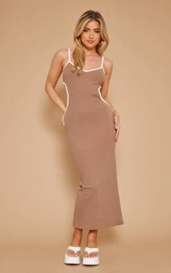Taupe Textured Ribbed Contrast Binding Cut Out Maxi Dress