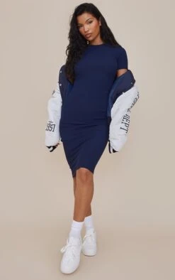 Navy Ribbed Crew Neck Midi Dress