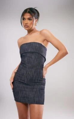 Charcoal Textured Woven Fold Over Bandeau Bodycon Dress