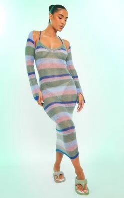 Blue Stripe Open Knit Maxi Dress & Sleeves