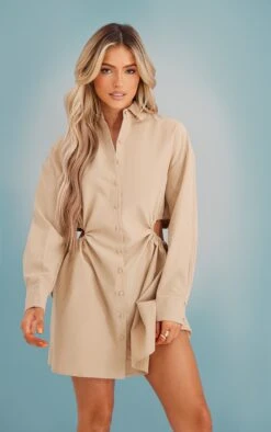 Stone Cut Out Ruched Waist Detail Shirt Dress