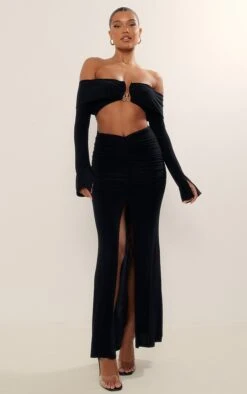 Black Slinky Trim Detail Bardot Cut Out Maxi Dress