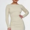 Desert Sand Structured Contour Rib Ruched Bodycon Dress