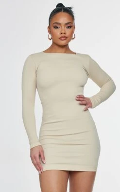 Desert Sand Structured Contour Rib Ruched Bodycon Dress