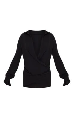 Black Textured Woven Extreme Plunge Bell Cuff Shirt Dress -Cheap Dress Store baaf706ae1d51f6e607c3a0af698091c36874cce cmq2641 5