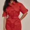 Rust Cargo Shirt Sleeve Belted Shirt Dress