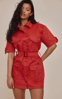 Rust Cargo Shirt Sleeve Belted Shirt Dress