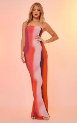 Pink Ombre Print Slinky Bandeau Maxi Dress