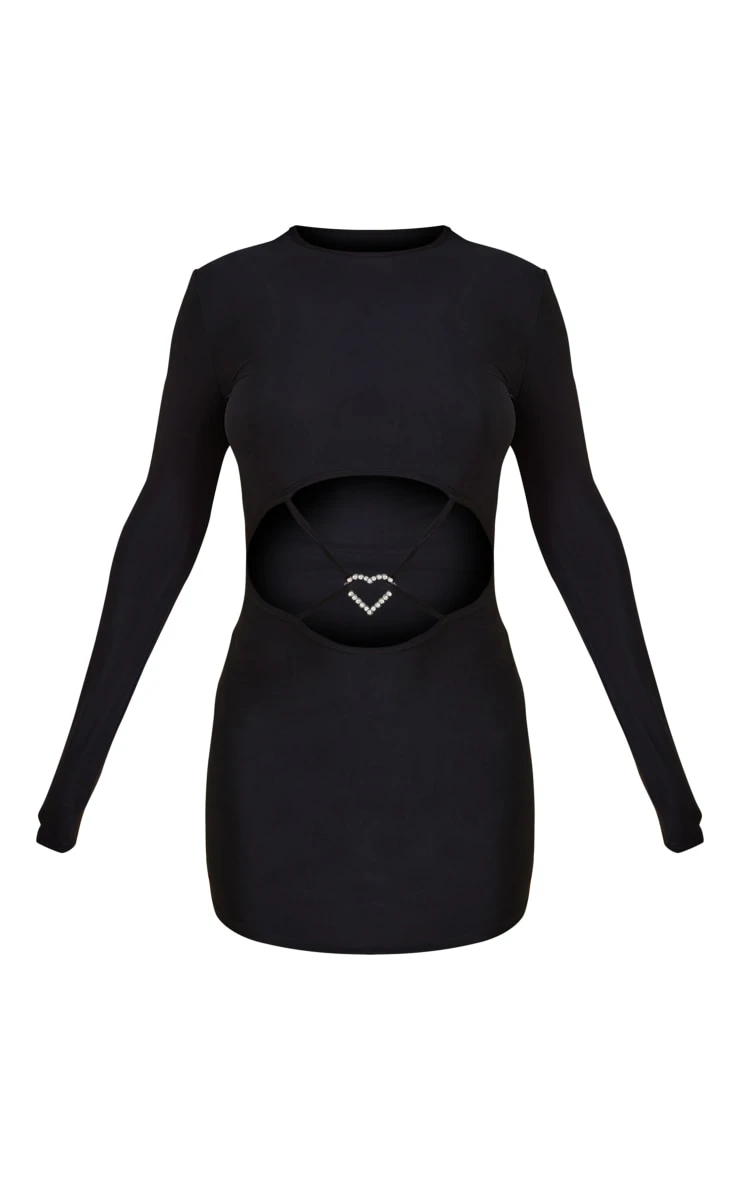 Black Slinky Heart Trim Detail Long Sleeve Bodycon Dress 7 Black Slinky Heart Trim Detail Long Sleeve Bodycon Dress - Image 5