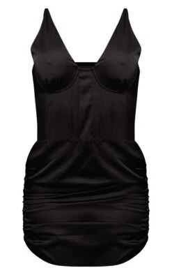 Black Satin Plunge Detail Ruched Skirt Bodycon Dress -Cheap Dress Store c27f9dddb1c701d594b5fdf4178e47674c9d2910 cnc7797 5