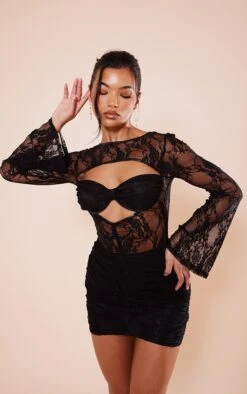 Black Sheer Lace Underwired Ruched Bodycon Dress