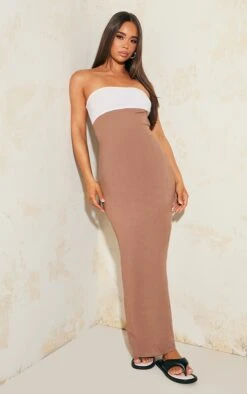 Camel Linen Look Two Tone Bandeau Maxi Dress