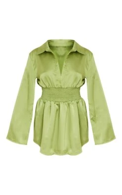 Olive Satin Shirred Waist Detail Shirt Dress -Cheap Dress Store c9a9747f5b26a981a19cc2c07a91f4c70d3e3cb8 cne1414 5