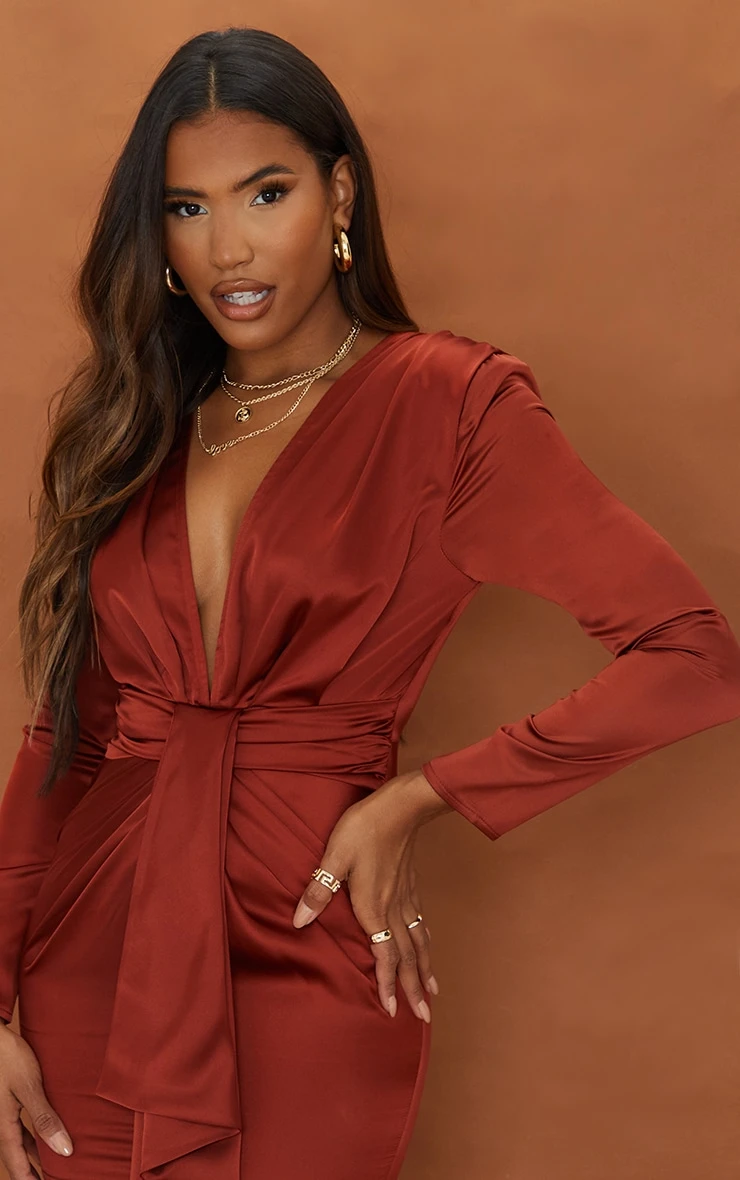 Rust Satin Long Sleeve Drape Detail Plunge Bodycon Dress 6 Rust Satin Long Sleeve Drape Detail Plunge Bodycon Dress - Image 4
