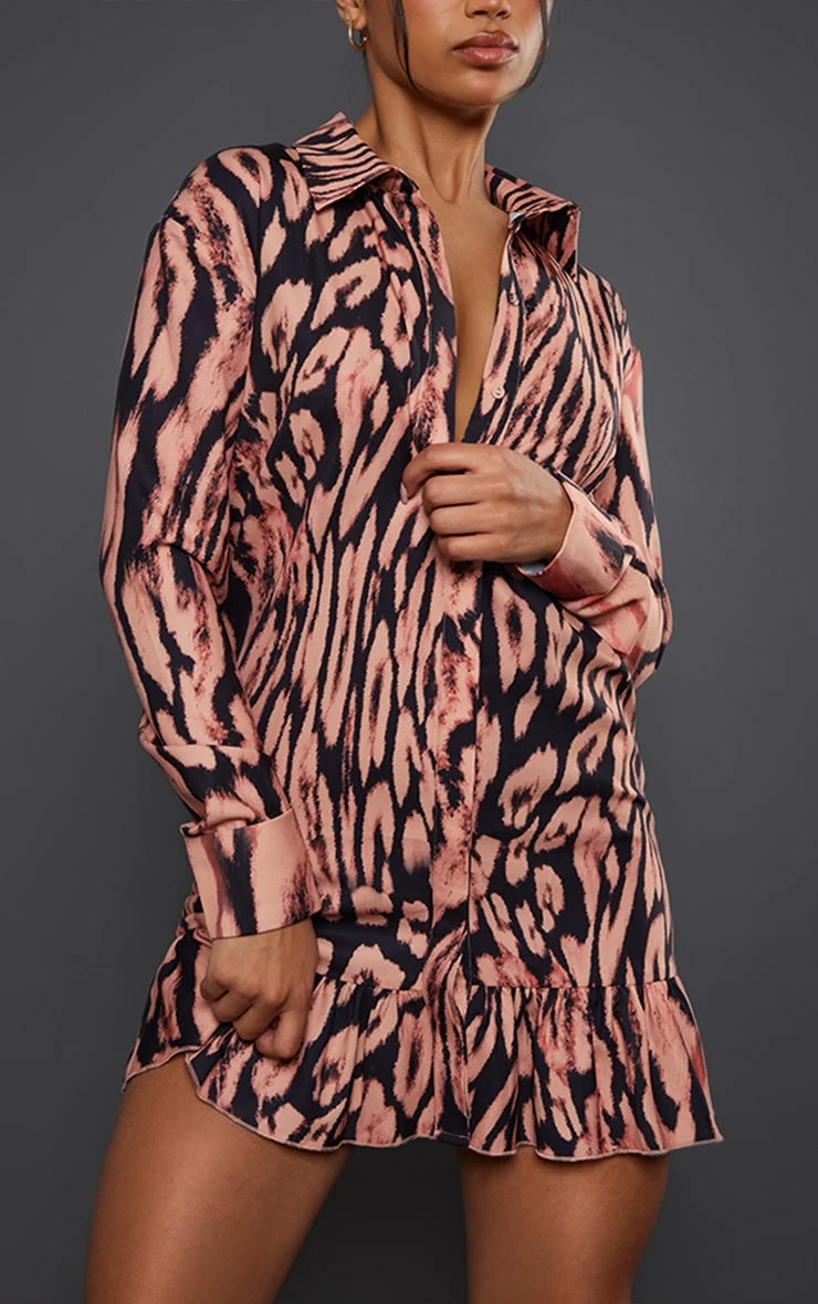 Brown Leopard Print Cuff Sleeve Frill Hem Shirt Dress 6 Brown Leopard Print Cuff Sleeve Frill Hem Shirt Dress - Image 4