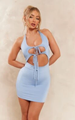 Blue Grey Slinky Cross Strap Detail Halter Bodycon Dress