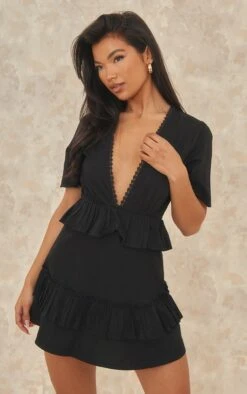 Black Short Sleeve Tiered Skirt Shift Dress