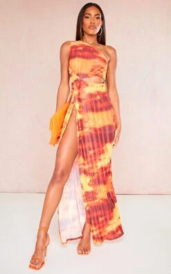 Orange Print Plisse Knotted Split Detail Maxi Dress