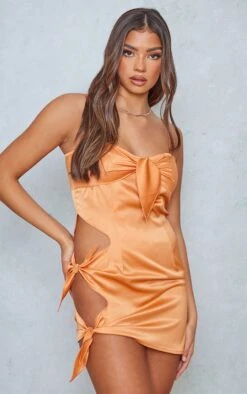 Orange Satin Tie Detail Cut Out Strappy Bodycon Dress