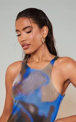 Blue Printed Mesh High Neck Racer Midi Dress -Cheap Dress Store d1e82a330490ddac85cddeaa6b98abc6685cb9a1 cnc2655 5