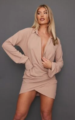 Taupe Textured Woven Extreme Plunge Bell Cuff Shirt Dress